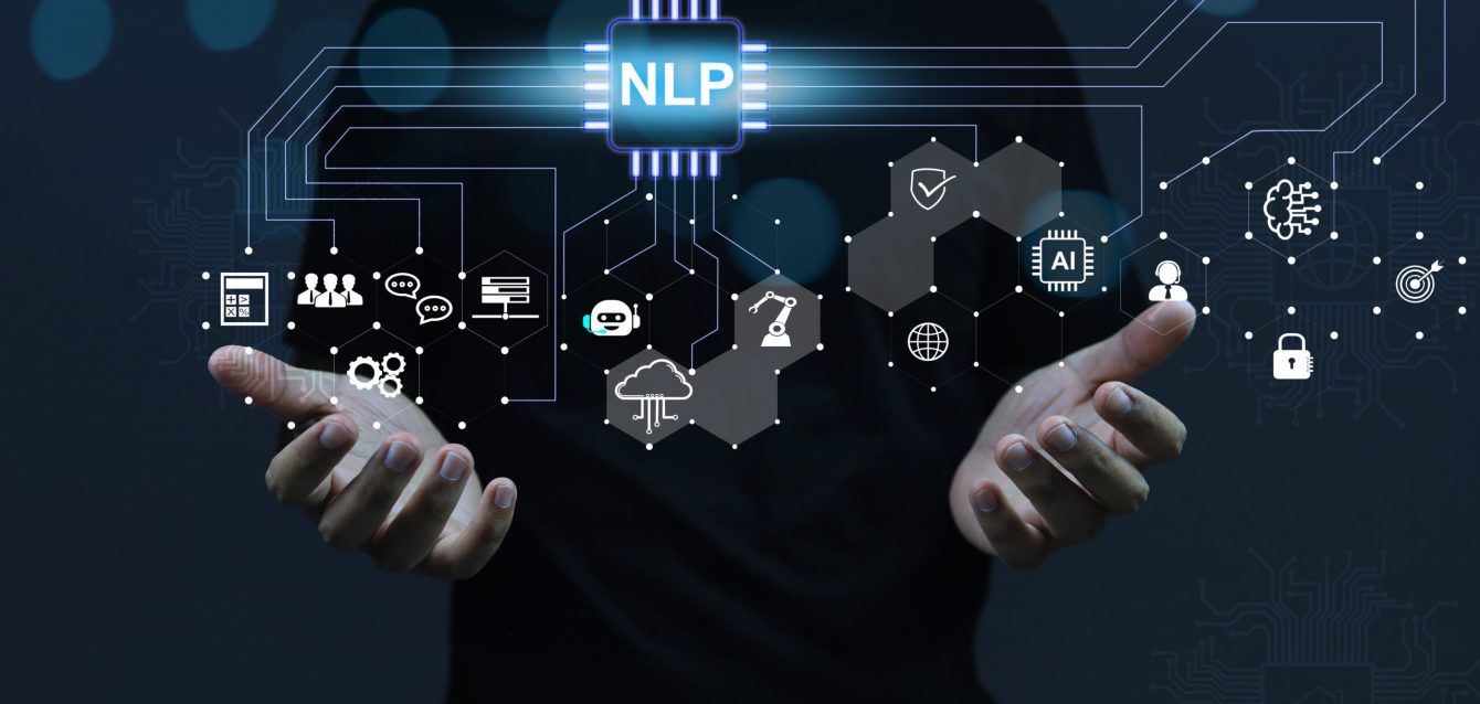 Men in black using NLP to start deveping technology such as AI, Chat bot, software and data analysis tools. Natural Language processing technology concept.