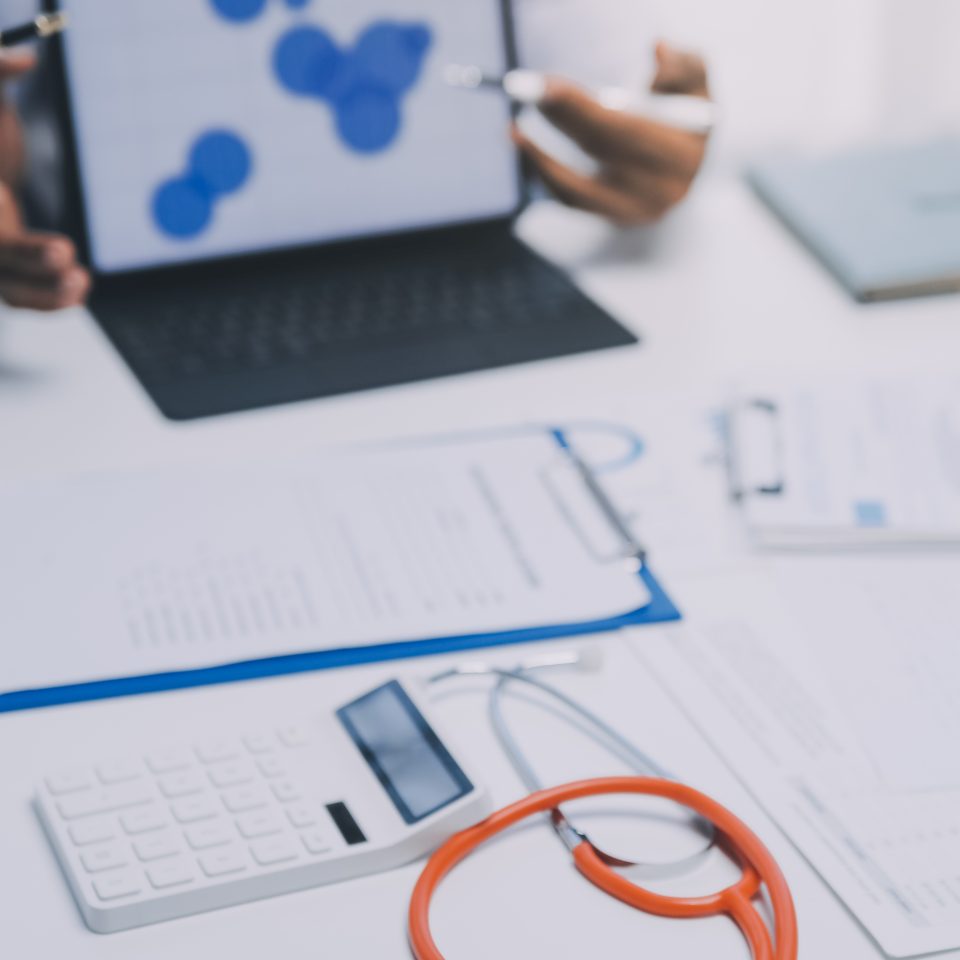 Meeting, tablet and team of doctors with collaboration for healt
